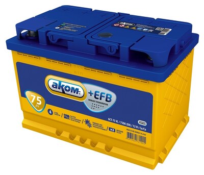 Аккумулятор АКОМ +EFB 6CT-75.1 75 А·ч 750 А (EN), прямая полярность, корпус L3, 278×175×190 мм