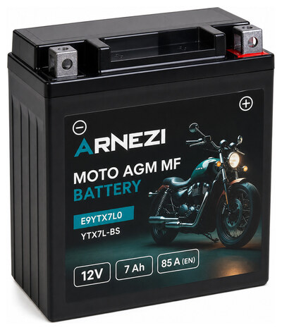 Arnezi Moto AGM E9YTX7L0 7 А/ч 85 А (EN), обратная полярность, 114×71×133 мм, YTX7L-BS