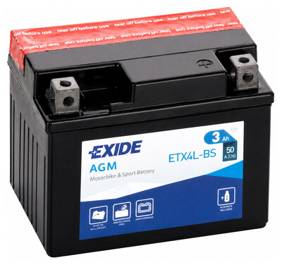Exide Moto AGM ETX4L-BS 3 А/ч 50 А, обратная полярность, 113×70×85 мм