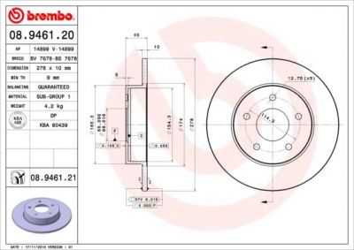 Brembo 08.9461.21 тормозной диск на NISSAN PRIMERA Hatchback (P12)