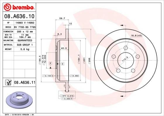 Brembo 08.A636.11 тормозной диск на JEEP CHEROKEE (KJ)