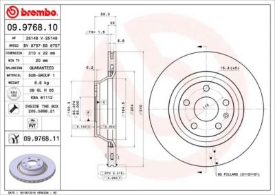 BREMBO Диск тормозной вент. задний AUDI TT quattro (II) ( 06->) R (8J0615601A, 09.9768.11)