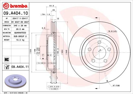 Brembo 09.A404.11 тормозной диск на CHRYSLER 300 C Touring (LX)