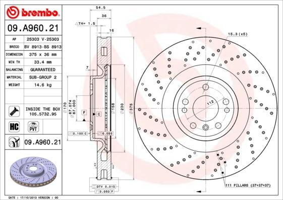 Brembo 09.A960.21 тормозной диск на MERCEDES-BENZ GLS (X166)