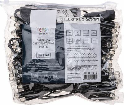 NEON-NIGHT 305-276 Гирлянда светодиодная Нить 10м 100 LED ТЕПЛЫЙ БЕЛЫЙ черный ПВХ IP65 эффект мерцания 230В соединяется нужен блок 303-500 NEON-NIGHT