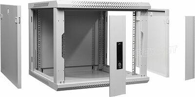 REXANT 04-0966-111 Настенный шкаф 19 quot; 9U 600×600×501 (ШxГxВ), дверь стекло, металлическая задняя стенка, боковые съемные стенки, RAL 7035 REXANT