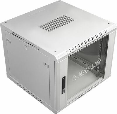REXANT 04-1266-111 Настенный шкаф 19 quot; 12U 600×600×635 (ШxГxВ), дверь стекло, металлическая задняя стенка, боковые съемные стенки, RAL 7035 REXANT