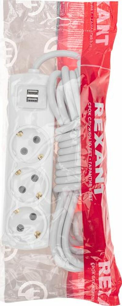 REXANT 13-4111 Удлинитель PREMIUM 3 гнезда, 5м, 3х1,5мм², с/з, 2 USB, белый REXANT