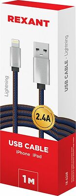 REXANT 18-4248 Кабель USB-A – Lightning, 2,4A, 1м, в нейлоновой оплетке (джинсовая ткань) REXANT