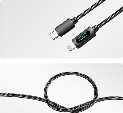 REXANT 18-7068 Кабель Type-C – Lightning, 3А, 1м, в черной нейлоновой оплетке, с LED-дисплеем REXANT