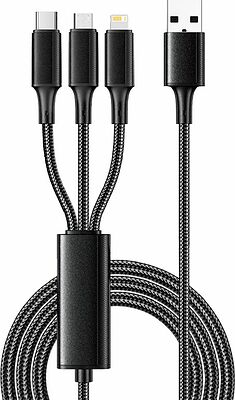 REXANT 18-7075 Кабель USB 3в1 Type-С (6A), Lightning (2,4A), micro USB (3A) 1,2м, в черной оплетке REXANT